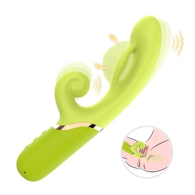 Vibrador verde curvado com detalhes dourados e sinais de vibração