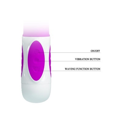 Dispositivo branco e roxo com botões ON/OFF, VIBRATION BUTTON e WAVING FUNCTION BUTTON.