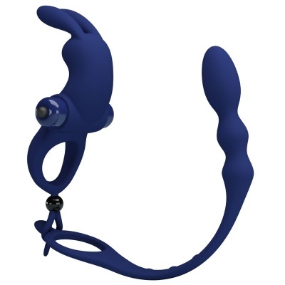Produto sexual azul com partes curvas e anel em silicone