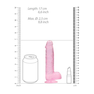 Dildo cor-de-rosa translúcido com base de ventosa e medidas visíveis