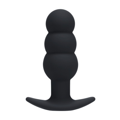 Plugue anal preto com três esferas e base larga em fundo branco