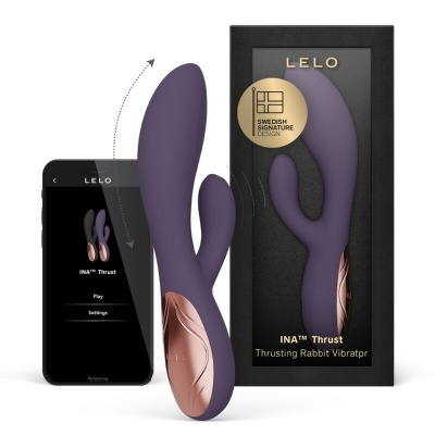 Vibrador roxo com base dourada, caixa preta e smartphone com app LELO