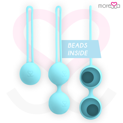Bolas de silicone azuis com alças largas e interior com texto BEADS INSIDE, fundo branco