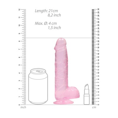 Dildo cor-de-rosa translúcido com base circular e dimensão de 21 cm, sobre fundo branco com régua