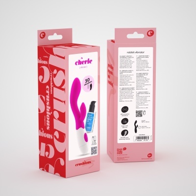 Caixa de embalagem para vibrador rabbit cor rosa e branco com texto e imagens dos produtos
