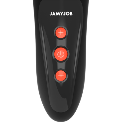 Botões vermelhos em dispositivo preto com texto JAMYJOB