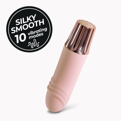 Dispositivo cor-de-rosa com botão metálico e texto SILKY SMOOTH 10 vibrating modes