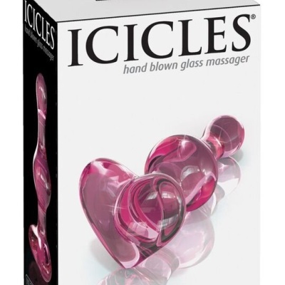 Embalagem branca com foto de massageador de vidro cor-de-rosa e texto ICICLES hand blown glass massager