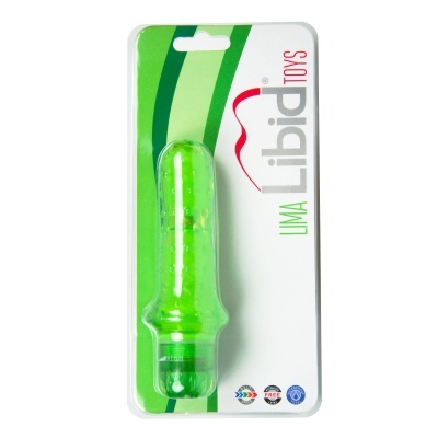 Vibrador verde translúcido embalado com texto Libid TOYS Lima e ícones de características