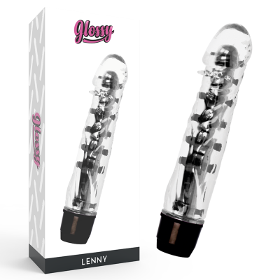 Vibrador transparente com base preta e embalagem branca com texto.