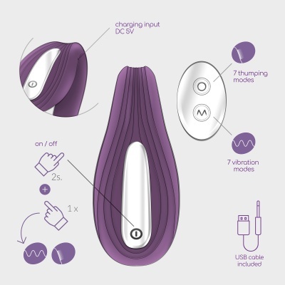 Dispositivo roxo com botões prateados e texto explicativo sobre modos e carregamento