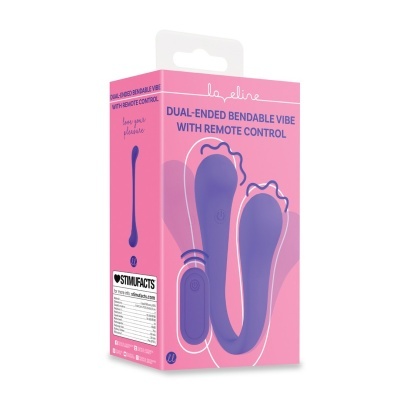 Embalagem rosa com vibrador roxo flexível e controlo remoto roxo