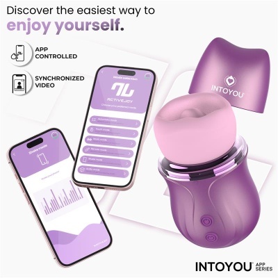 Dispositivo roxo e rosa com app ACTIVEJOY em telemóveis mostrando modos diversos.