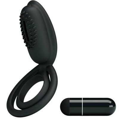 anel duplo preto com textura e pequeno vibrador cilíndrico preto