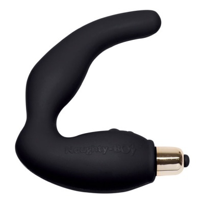 Dispositivo preto curvo em silicone com parte metálica dourada e texto Naughty-BOY