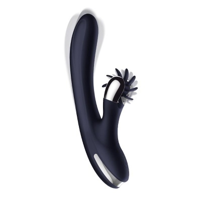 Vibrador preto com duas pontas e lâminas flexíveis na ponta menor