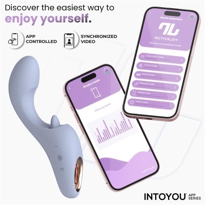 Vibrador cinza claro com aplicação ACTIVEJOY em dois telemóveis