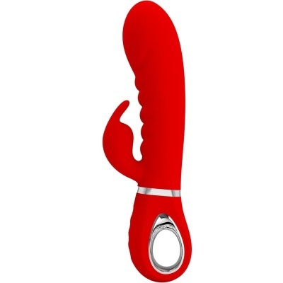 Vibrador vermelho de silicone com acessórios e aro prateado.