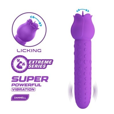 Vibrador roxo em forma de rosa com textura de círculos, com texto LICKING EXTREME SERIES SUPER POWERFUL VIBRATION DANNELL.