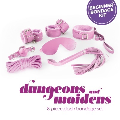 Conjunto de bondage rosa peluche com oito peças e textos em roxo
