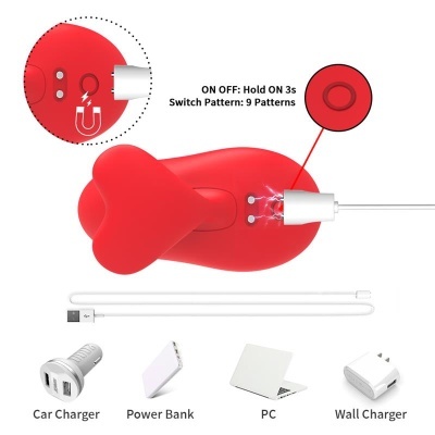 Dispositivo vermelho em forma de coração com cabo USB e acessórios de carregamento