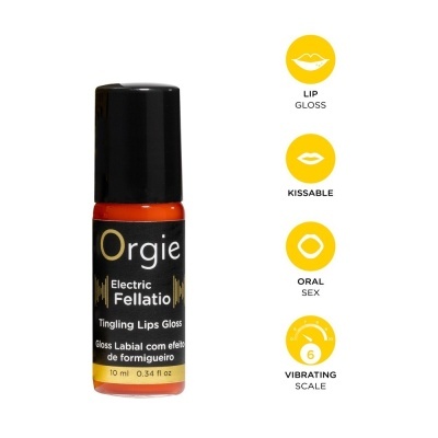 Frasco pequeno de gloss labial laranja com tampa preta e rótulo preto, fundo branco com ícones e texto