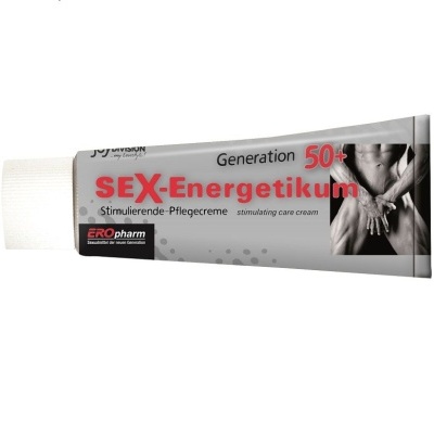 Tubo de creme estimulante para cuidados com texto SE X-Energetikum e imagem de torso masculino