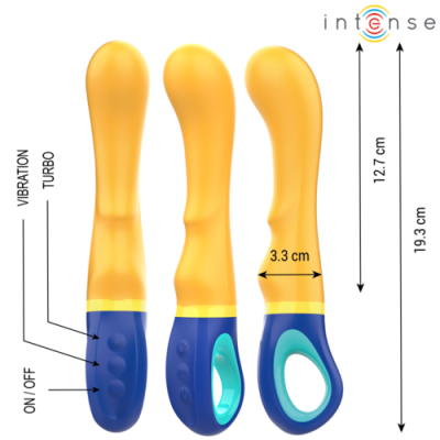 Vibrador amarelo e azul com funções e medidas indicadas, marca Intense