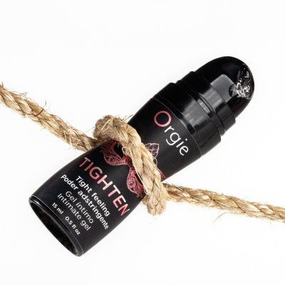 Frasco preto de gel íntimo com tampa, corda amarrada, fundo branco.