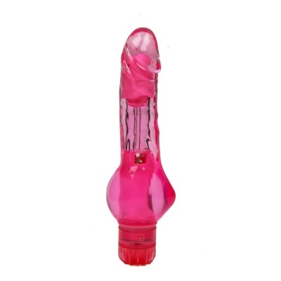 Vibrador rosa transparente em formato anatómico com base vermelha