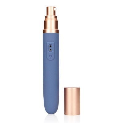 Spray azul com detalhes em dourado e tampa ao lado