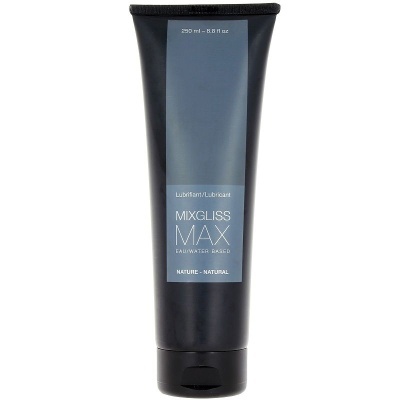 Frasco preto de lubrificante Mixgliss Max com rótulo azul claro