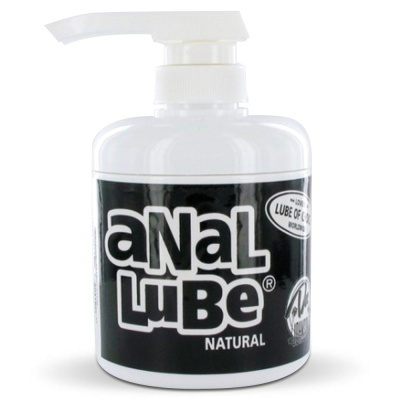 Frasco branco com doseador e rótulo preto com texto aNaL LuBe NATURAL