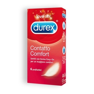 Embalagem vermelha de preservativos Durex Contatto Comfort com uma pena branca