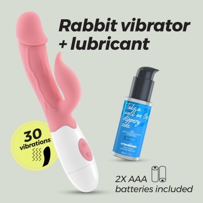Vibrador rabbit rosa com lubrificante azul e texto promocional
