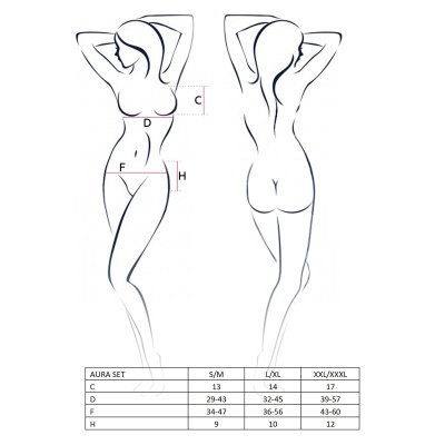 Diagrama de corpo feminino com medidas e tabela de tamanhos Aura Set