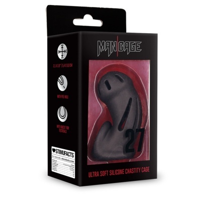 Gaiola de castidade masculina preta em silicone em caixa preta com texto MAN CAGE