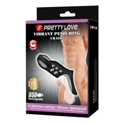 Embalagem do anel vibratório preto para pénis Pretty Love Vibrant Penis Ring Craig em silicone, recarregável USB e à prova de água