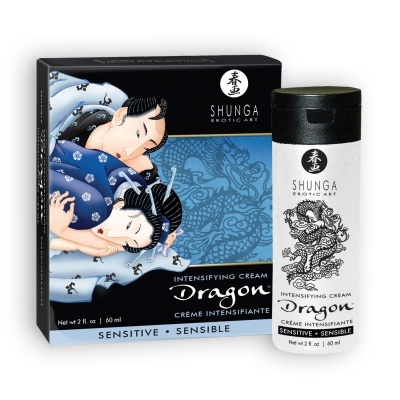 Creme intensificador Dragon da marca Shunga Erotic Art com arte oriental em embalagem preta e tubo branco.