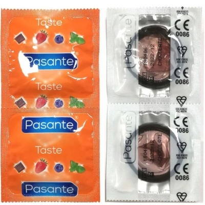 Embalagens de preservativos Pasante com sabores e informações visíveis
