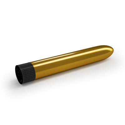 Vibrador dourado com base preta sobre fundo branco