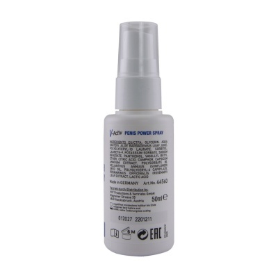 Frasco de spray branco V-Activ PENIS POWER SPRAY com tampa transparente e texto azul e preto