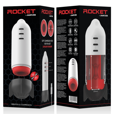 Embalagem e produto Rocket da JAMYJOB com design de foguete branco, detalhes vermelhos e pretos