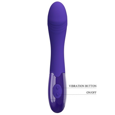 Vibrador roxo com botões VIBRATION BUTTON e ON/OFF na base
