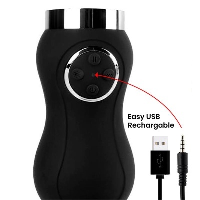 Dispositivo eletrônico preto com botões e conector USB, texto Easy USB Rechargable