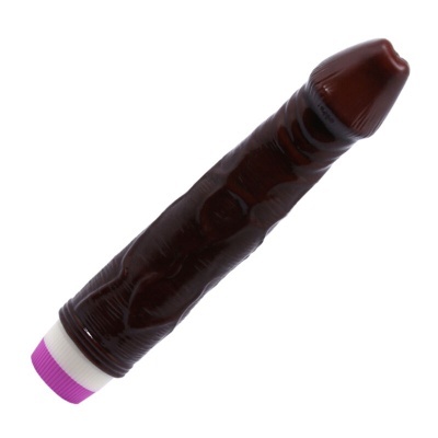Vibrador castanho escuro com base branca e tampa roxa sobre fundo branco