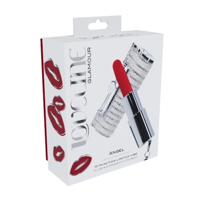 Embalagem branca com batom vermelho e texto e estampas de lábios vermelhos.