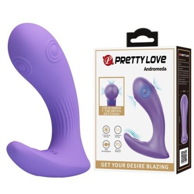 Vibrador lilás em silicone com embalagem branca e preta da marca PRETTY LOVE Andromeda