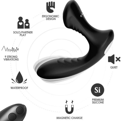 Dispositivo preto anatómico de silicone com botões e ícones explicativos.