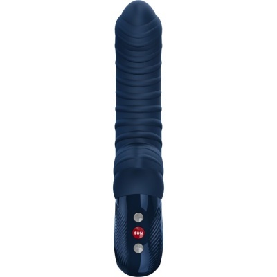 Vibrador azul escuro com textura ondulada e base com botões